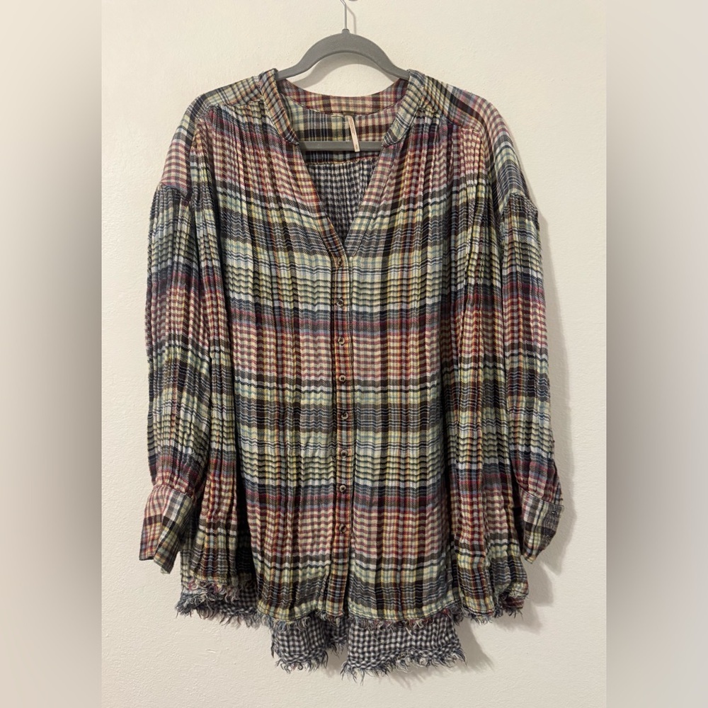 Free People Come On Over Plaid Pleated Oversized Button Up Top Blouse Sz Small